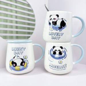 Creative Bamboo Leaf Pattern Ceramic Mugs with Lids Panda Design Coffee Mugs Practical Birthday Gifts for Men And Women