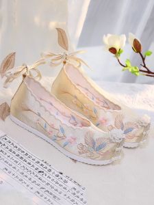 SHIPAILUO | Elevated Flat Bottom Round Head Embroidered Shoes Hanfu Womens Traditional Chinese Style Cotton Lined Slip-On Plant Patterned