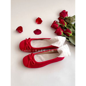 รองเท้าส้นแบนสไตล์มิวสไตล์ฝรั่งเศสสำหรับผู้หญิง สีแดง ทรงกลม รองเท้า Mary Janes สไตล์วินเทจ ทรงหัวมน รองเท้าบัลเลต์ส้นแบน