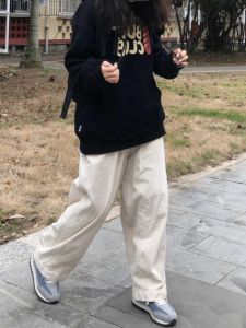 Spring and Autumn Pure Cotton Creamy-white Straight Cargo Pants Japanese Style Womens Casual Pants Loose BF Idle Style Small Loose Pants