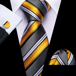 Mens Tie Yellow Rose Red Teal Grey Striped Ties Hanky Cufflinks Set Necktie Formal Wedding Dinner Party
