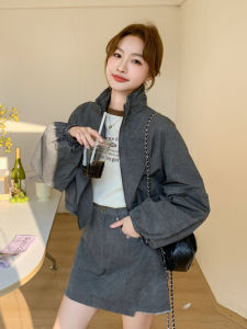 Grey Casual Sporty Fashion Set Womens 2025 Autumn New Outerwear Mini Skirt Two-Piece Set Zipper Closure Long Sleeve Jacket