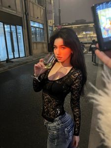 เซ็กซี่ ลูกไม้ แขนยาว คอวี เสื้อเบส ผู้หญิง ฤดูใบไม้ผลิ สั้นstreet Fashion Pure Color Pad ตาข่าย เสื้อท่อนบน European And สไตล์อเมริกัน