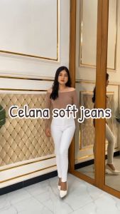 Celana Highwaist Jumbo Jeans Putih Wanita Big Size 27-38