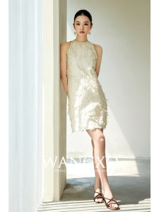 WANGXO | Đầm Dập Ly Thêu Phức Tạp Cổ Tròn Không Tay