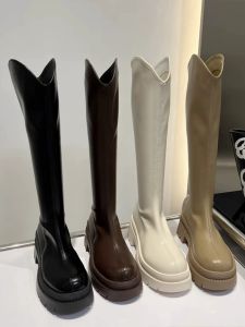 Womens Long Fleece Lined Knight Boots Autumn Winter Fashion High Top Boots round Toe mid Heel Rubber Outsole PU Leather