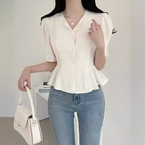 เสื้อเชิ้ตแขนพองทรงเข้ารูปสไตล์ฝรั่งเศสย้อนยุค ลายดอกกุหลาบ แขนพอง ทรงเข้ารูป แขนสั้น คอโปโล ทรงเข้ารูป แขนสั้น