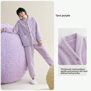 yuenei | Couples Thickened Flannel Pajamas Coral Fleece Home Clothes Warm Winter Sleepwear V-neck Long Sleeve Cloud Velvet Simple Style