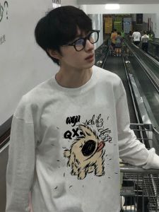 Áo Thun Cotton Dài Tay Cỡ Lớn in Họa Tiết Hoạt Hình Thời Trang Thu Đông Cho Nam Áo Thun Cotton Nguyên Chất Cổ Tròn Thường Ngày