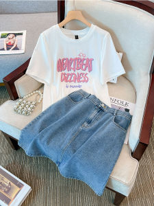 plus Size Pear Shaped Body Casual Cotton T-Shirt And Denim Mini Skirt Two Piece Set Short Sleeve round Neck High Waist a Line Skirt