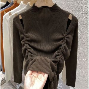 Áo Len Dệt Kim Cổ Cao Tay Dài Mùa Đông Cho Nữ Áo Sơ Mi Cơ Bản Hở Vai Khoét Rỗng Thiết Kế Thời Trang Thu Đông Xuân Mặc Trong