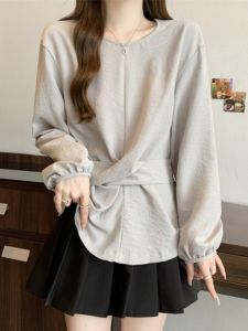 เสื้อเชิ้ตผู้หญิงสไตล์ฝรั่งเศส ทรงหลวม แขนยาว คอกลม สีพื้น เส้นใยโพลีเอสเตอร์ ทรงหลวม สไตล์ย้อนยุค สง่างาม เสื้อตัวบน