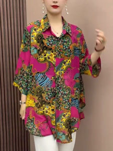 Retro Printed 3/4 Sleeves Sun Protection Shirt for Women 2024 Summer New Floral Print Loose Mid-Length Air-Conditioner Cardigan Tops