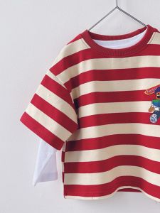 Boys White Red Stripe Short Sleeve round Neck T-Shirt Summer New Style Casual Comfortable Cotton Childrens Clothing