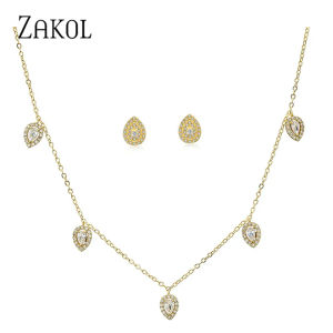ZAKOL Water Drop Cubic Zirconia Pendant Choker Jewelry Sets for Women Girl Ins Trendy Gold Color Stud Earring Necklace Set Gift