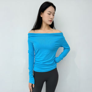 เสื้อโยคะแขนยาวเปิดไหล่คอกลมสำหรับผู้หญิง ทรงสลิมฟิต ดูสง่างาม กระชับสัดส่วน ฤดูใบไม้ร่วง/ฤดูหนาว เสื้อยืดฟิตเนสใหม่