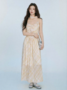 Plaid Ruffle Hem A-Line Strappy Dress