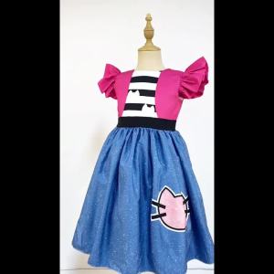 Kids Gabby Inspired Princess Dress with Cat Ear Headband Sparkly Cat Print Party Gown Girls Birthday Party Fancy Dress
