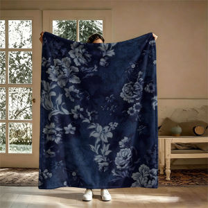 Antique Flowers Navy Blue Flannel Blanket Perfect for Sofa Office Bed Travel Sleep Read Relax Camping Four Season Use