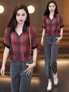 Ice Silk Plaid Short Sleeve Shirt Womens Summer New Fashion Anti Aging Small Size Sun Protection Top Korean Style Straight Cut
