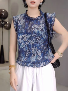 Shalldoer | Áo sơ mi không tay in hoa cổ tròn dài vừa vặn mùa hè 2025 dành cho nữ Áo chui đầu in họa tiết ren cổ bẻ