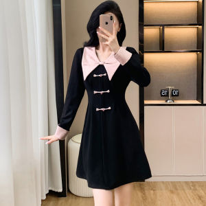 Sweet Retro Button-Up Slimming Black Dress Womens Spring New Style Ladylike A-Line Skirt Long Sleeve Short Dress