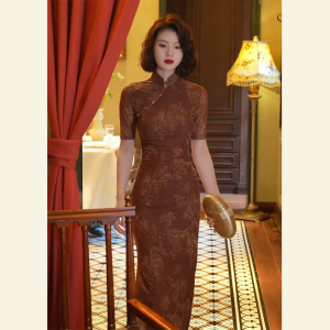 SHANGSHA | New Chinese Style Retro Qipao Elegant Lady Brown Mandarin Collar Print Dress