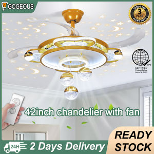 Gogeous 43inch ceiling fan with light modern golden Retractable 4 fan blades 6 gear triclor dimming ceiling fan with led light ceiling lights with fan for living room dinning room