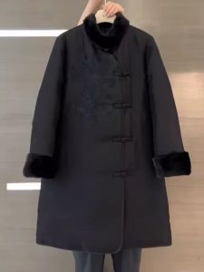 YUFUQING | Elegant Black Thickened Winter Coat Womens Fashion Loose Style Casual Outerwear Polyester Fiber Long Sleeve Mid-Length
