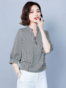 Silk Satin Chiffon V-neck Sleeveless Striped Loose Womens Shirt Summer Spring Autumn Fashion Commute Style Button Detail Print