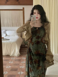 plus Size Spring Autumn French Style Retro Green Print Dress Slimming Outerwear Cardigan Two Piece Set Long Sleeve One Shoulder