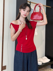 YUEZHONGWEI | French Design Irregular Shoulder Red Knitted Short Sleeve Womens T-shirt Summer Waist Cinched Shoulder Bared High-End Feeling Top