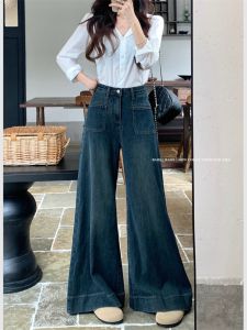 กางเกงยีนส์ทรงหลวมเอวสูง ทรงขาบาน กางเกงขายาว สีน้ำเงิน กางเกงขายาวทรงเข้ารูปสไตล์ย้อนยุค สำหรับผู้หญิงในฤดูใบไม้ร่วงและฤดูหนาว