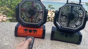 พัดลมตั้งแคมป์ไร้สาย ส่ายหัวโดยอัตโนมัติ พัดลมพกพา พัดลมแคมป์ปิ้ง 10นิ้ว แบตเตอรี่ลิเธียม18V 20000mah พัดลม/ไฟ LED 2 in 1แขวนได้ /ยืน สามารถชาร์จมือถือได้ ปรับได้4ระดับ