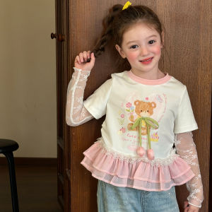 ZHILIAOCHENGZHANGJI | Lace Teddy Bear Printed Girls T-Shirt