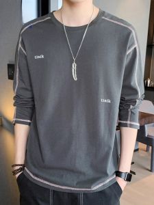 ROMON | เสื้อยืดคอกลมแขนยาวผ้าฝ้ายแท้ลำลองสำหรับผู้ชาย ทรงหลวม แฟชั่นฤดูใบไม้ผลิและฤดูใบไม้ร่วง เสื้อผ้าผู้ชาย Romon