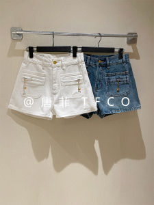 Summer Blue Denim Pocket Chain Shorts Womens Wide Leg A-Line Hot Pants Casual High Waist Standard Fit No Stretch Denim Shorts