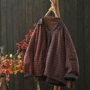 Italian Top Brand Fall and Winter Stylish Casual Gingham Linen Quilted Bat Coat Cotton Clothing Cotton Coat Tops