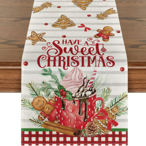 VIKAMA Christmas Table Runner Red Snowman and Santa Claus Print Holiday Decor for Dining Room and Coffee Table Linen Table Mat