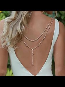 Round Clear Rhinestone Double Layer Y Drop Back Body Chain Women Bridal Backless Dress Sparkly Back Neck Jewelry Accessory
