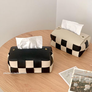 INS Scandinavian Black and White Checkerboard Tissue Box Living Room Woven Leather Tissue Cover Napkin Storage Box Paper Extraction Box