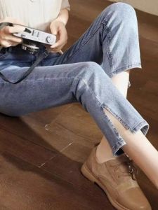 Summer Thin High Waist Straight Leg Jeans Womens Small Size Elastic Split Nine Points Slimming Cotton Stretch Denim Skinnies