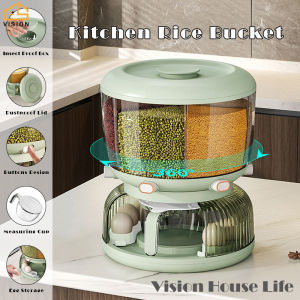 Vision 360° Rotating Rice Bucket with Egg Holder Multi-Functional 6 Grid Food Dispenser 6KG Moisture Proof Rice Container Dry Food Storage Pantry Organizer