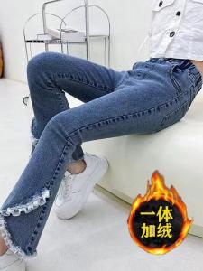 Thickened Fleece Winter Jeans for Girls mid Waist Elastic Childrens Denim Pants Flared Trousers Korean Style Cotton Polyester