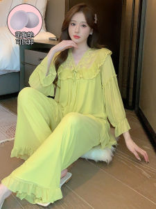 Green Modal Sleepwear Set with Chest Pad Long Sleeve Mesh Home Clothes for Women Spring Autumn Sweet Style V-Neck Long Pants