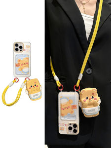 Apple 16Pro Max Phone Case New 14 Cartoon 15Pro Cute 13 Butter Bear Card Holder 17Pro Max Coin Purse iPhone 17 Lanyard 12 Crossbody Full Protection Anti-Fall Women
