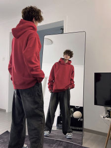 เสื้อฮู้ดผ้ากำมะหยี่บุขนแกะสีแดง เสื้อแจ็คเก็ตฤดูหนาวสำหรับผู้ชาย เยาวชน สไตล์วิทยาลัย สไตล์อเมริกันย้อนยุค ทรงหลวม ปกติ