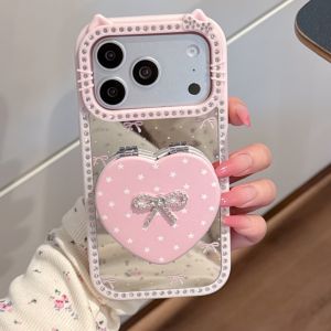 Sanrio | Full Screen Glitter Diamond Star Bow Hello Kitty Fold Mirror Stand Case For iphone 17 16 15 14 Pro Max 13 Shockproof Phone Cover