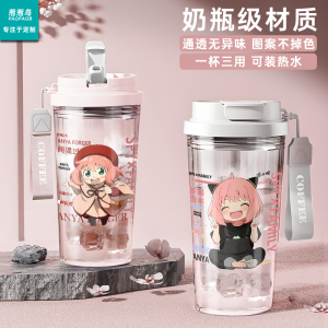 Large Capacity Transparent Straw Cup Spy Family Summer Essential Womens New 2025 Cold Water Cup Cute Hand-Drawn Illustration