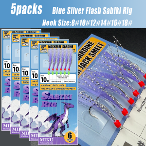 5Packs Blue Silver Flash Sabiki Rig Fluorescent Bead Fishing Line Set Blue Silver Wire Design Paired With High-Carbon Hook